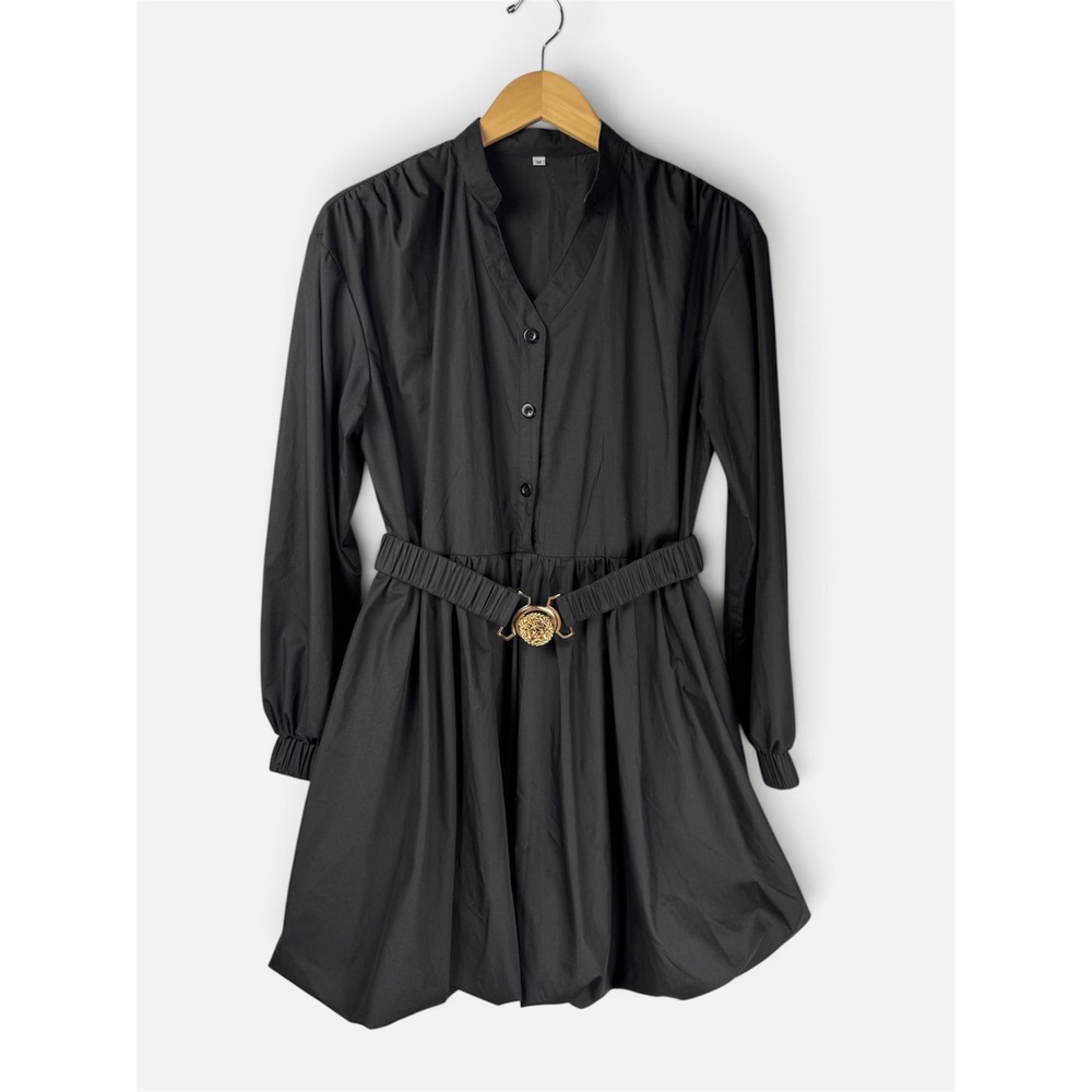 Bubble Hem Shirt Dress Black Belted Long Sleeve Mini Women's Medium